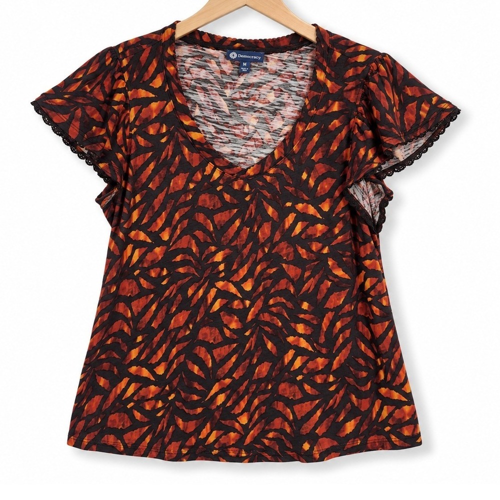 Democracy Flutter Sleeve Top Womens Medium Orange Abstract Print Crochet Boho